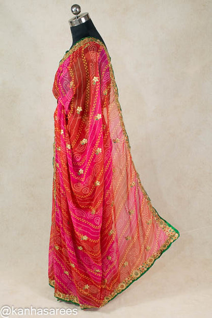 Gota and flower work Bandhani Saree - KANHASAREE