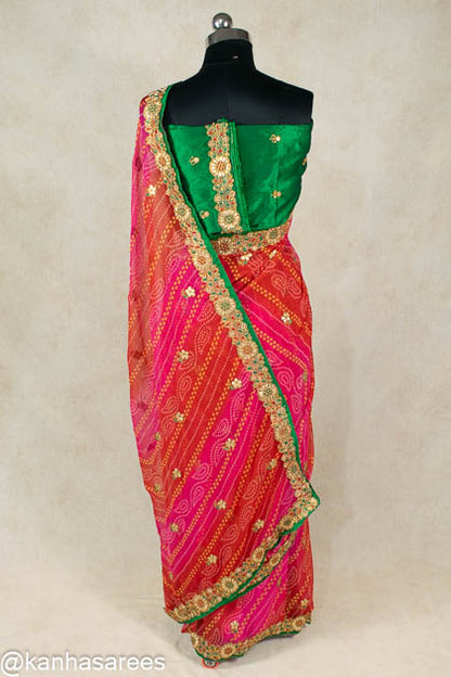 Gota and flower work Bandhani Saree - KANHASAREE