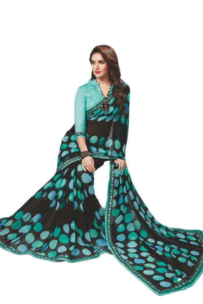 Black Printed Georgette Saree with Embroidery Border - KANHASAREE