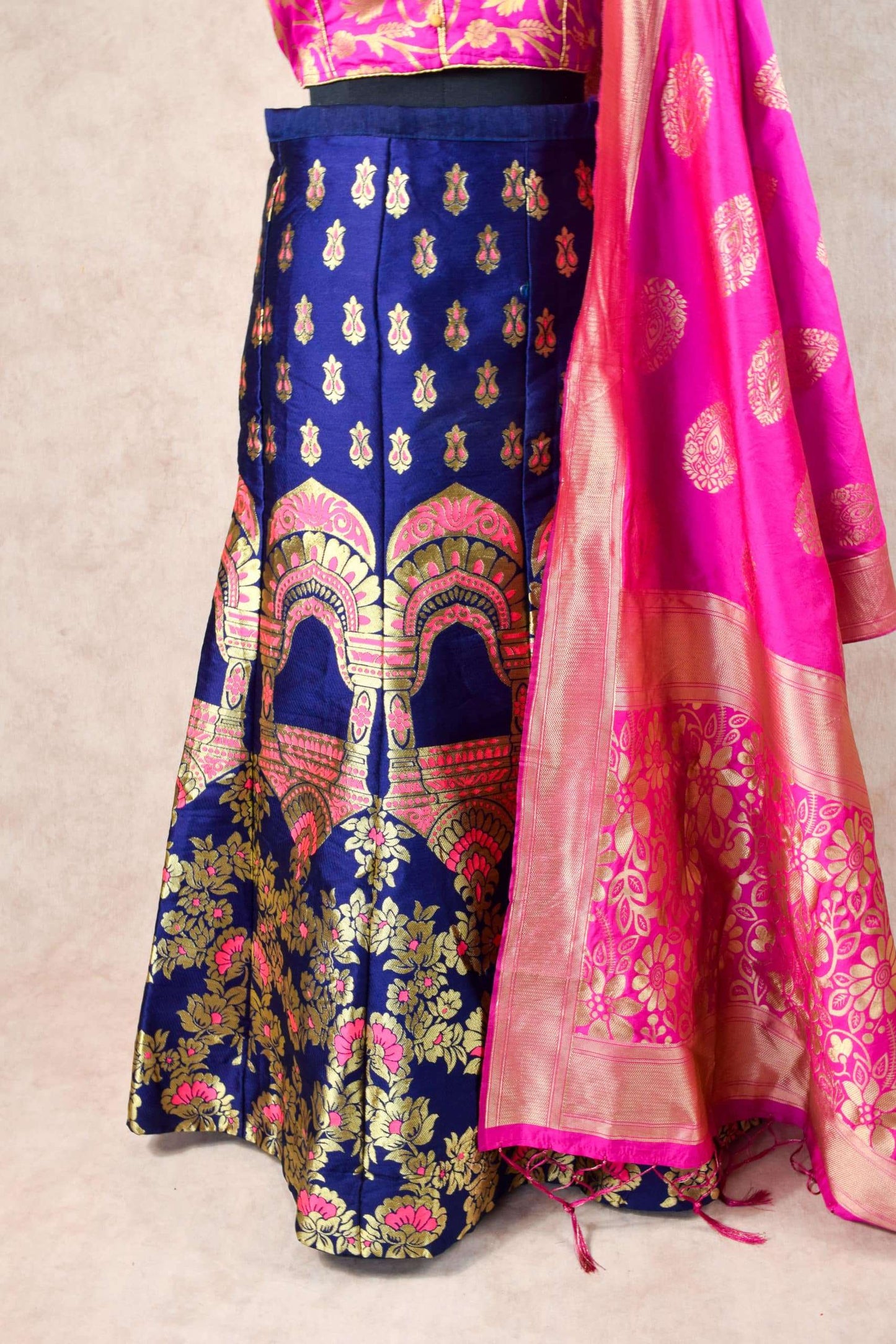 Banarasi silk lehenga in Blue with hot pink dupatta - KANHASAREE