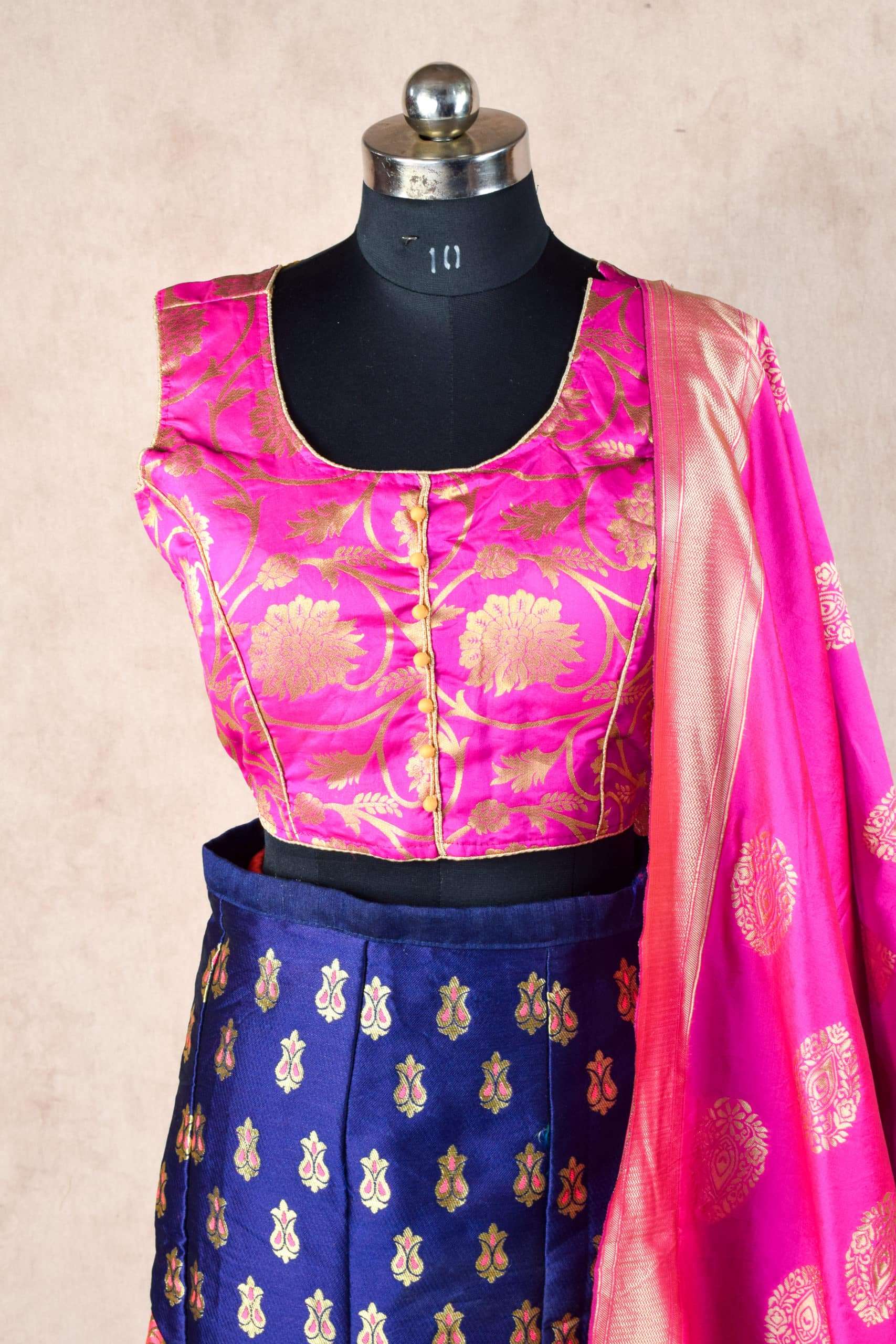 Banarasi silk lehenga in Blue with hot pink dupatta - KANHASAREE