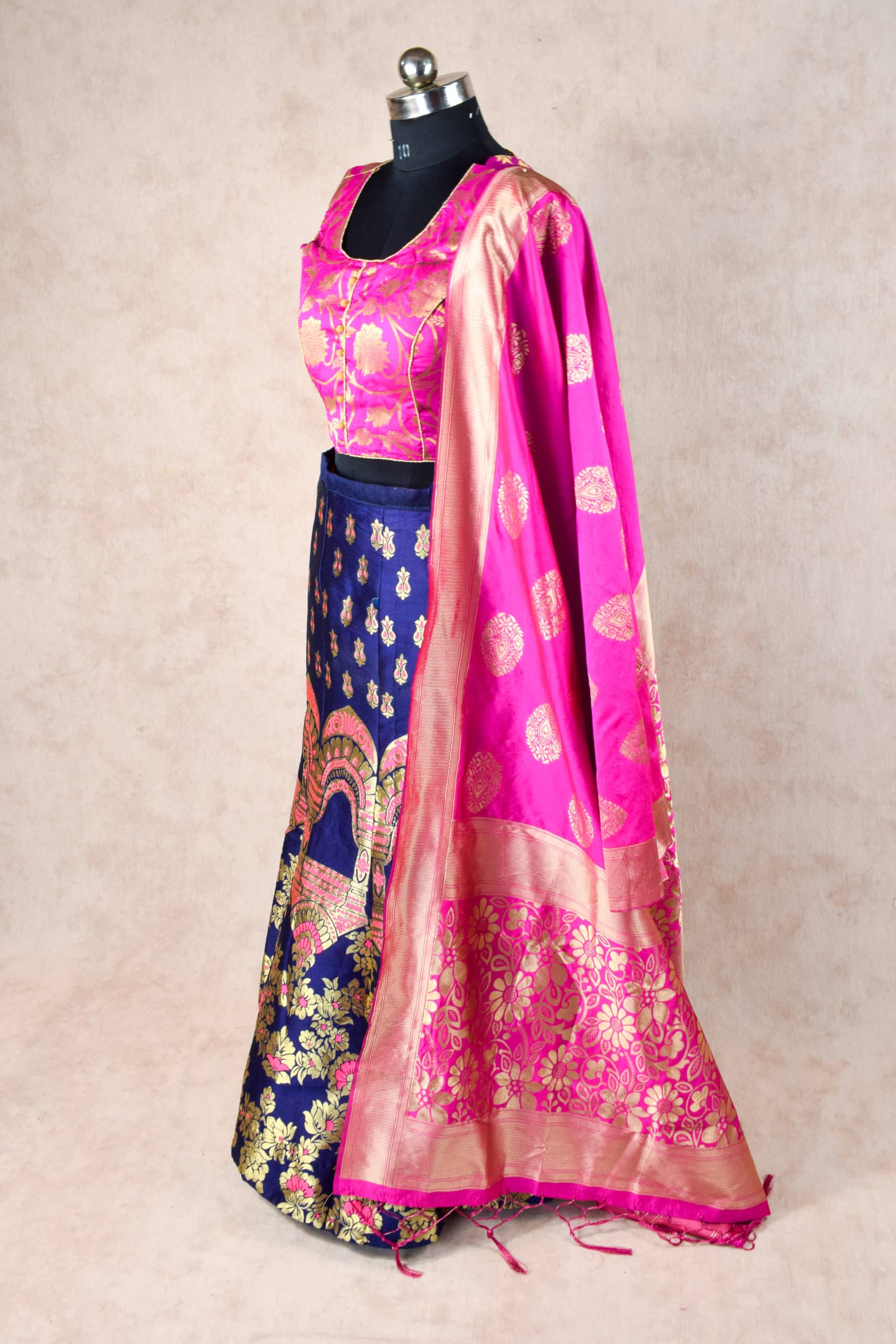 Banarasi silk lehenga in Blue with hot pink dupatta - KANHASAREE