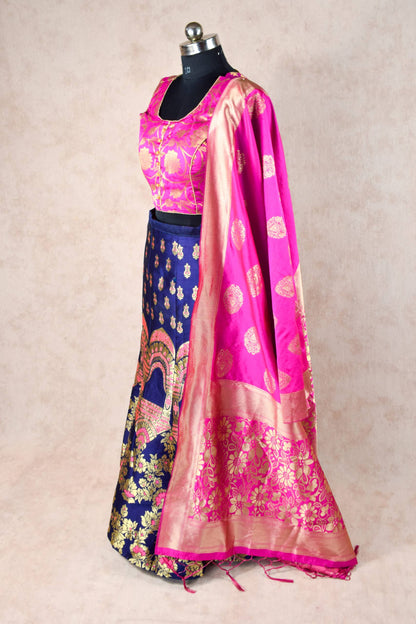 Banarasi silk lehenga in Blue with hot pink dupatta - KANHASAREE