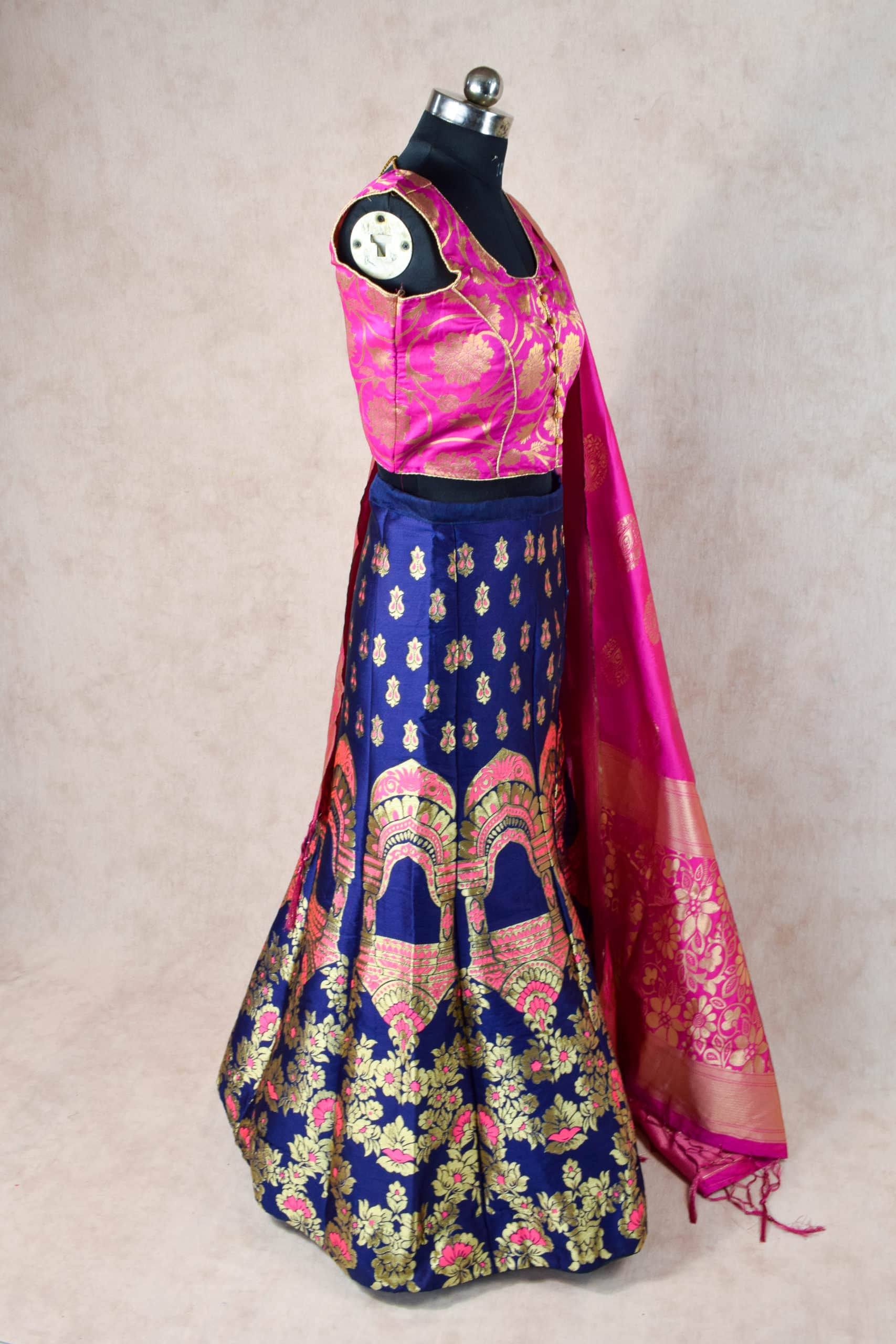 Banarasi silk lehenga in Blue with hot pink dupatta - KANHASAREE