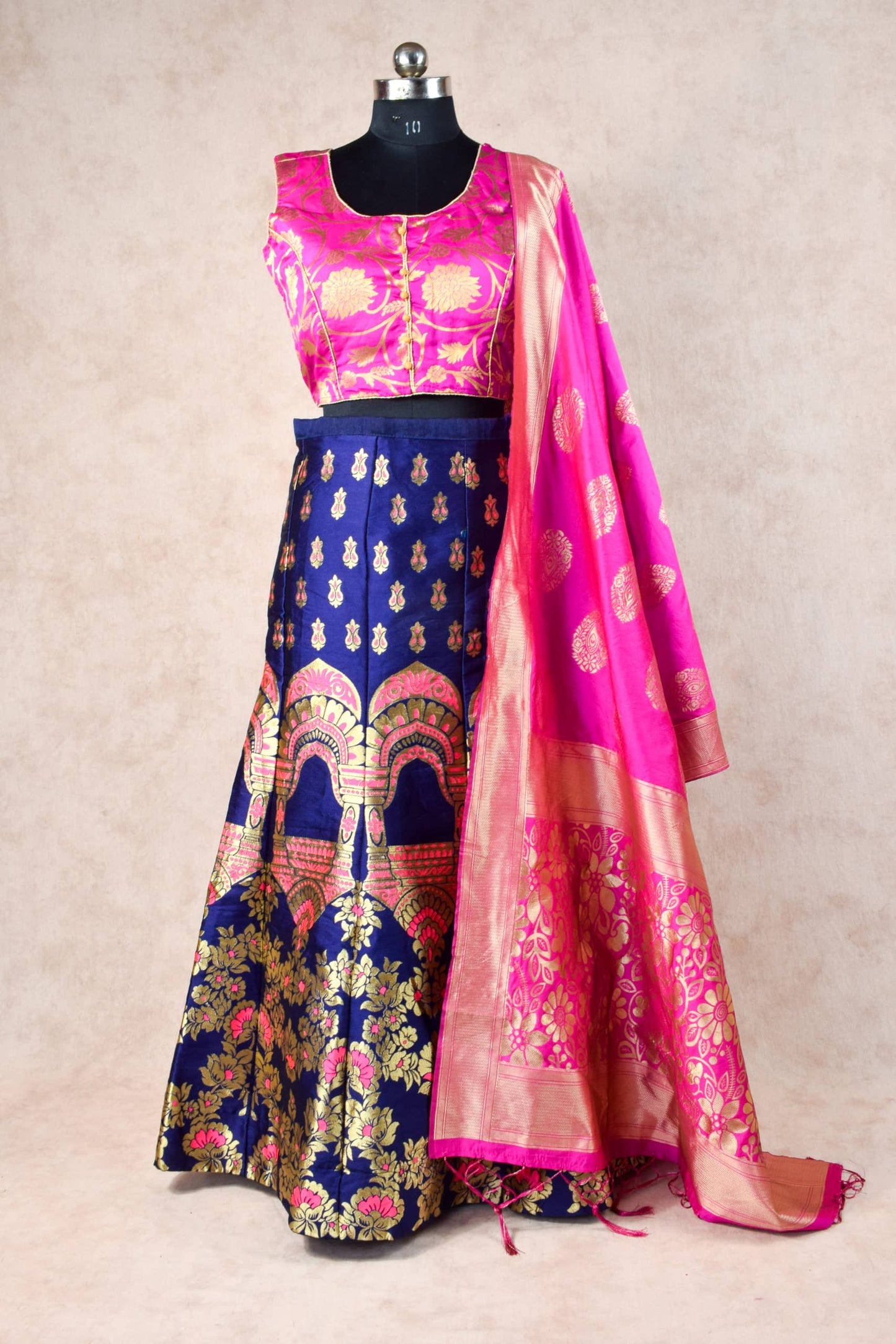 Banarasi silk lehenga in Blue with hot pink dupatta - KANHASAREE