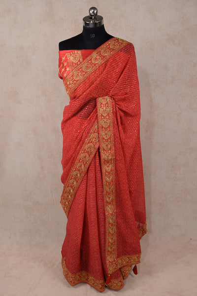 Red chiffon bandhani saree with sequence border - KANHASAREE