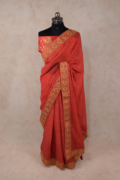 Red chiffon bandhani saree with sequence border - KANHASAREE