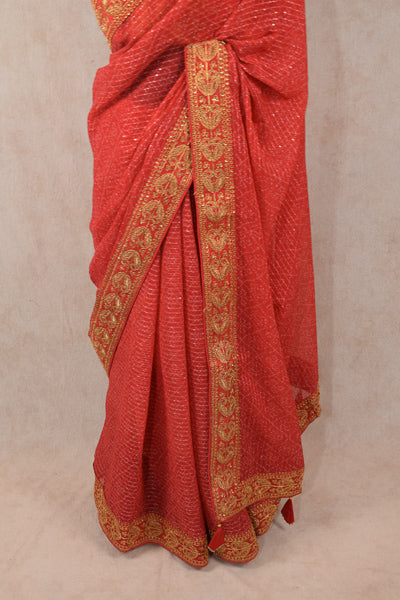 Red chiffon bandhani saree with sequence border - KANHASAREE