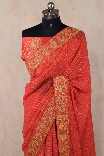 Red chiffon bandhani saree with sequence border - KANHASAREE