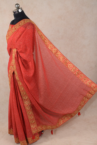 Red chiffon bandhani saree with sequence border - KANHASAREE