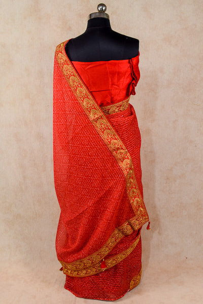 Red chiffon bandhani saree with sequence border - KANHASAREE