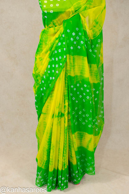 Shibori dye Chiffon bandhani saree in green colour - KANHASAREE