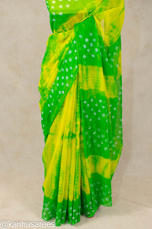 Shibori dye Chiffon bandhani saree in green colour - Kanhasarees by ksds