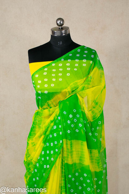 Shibori dye Chiffon bandhani saree in green colour - KANHASAREE