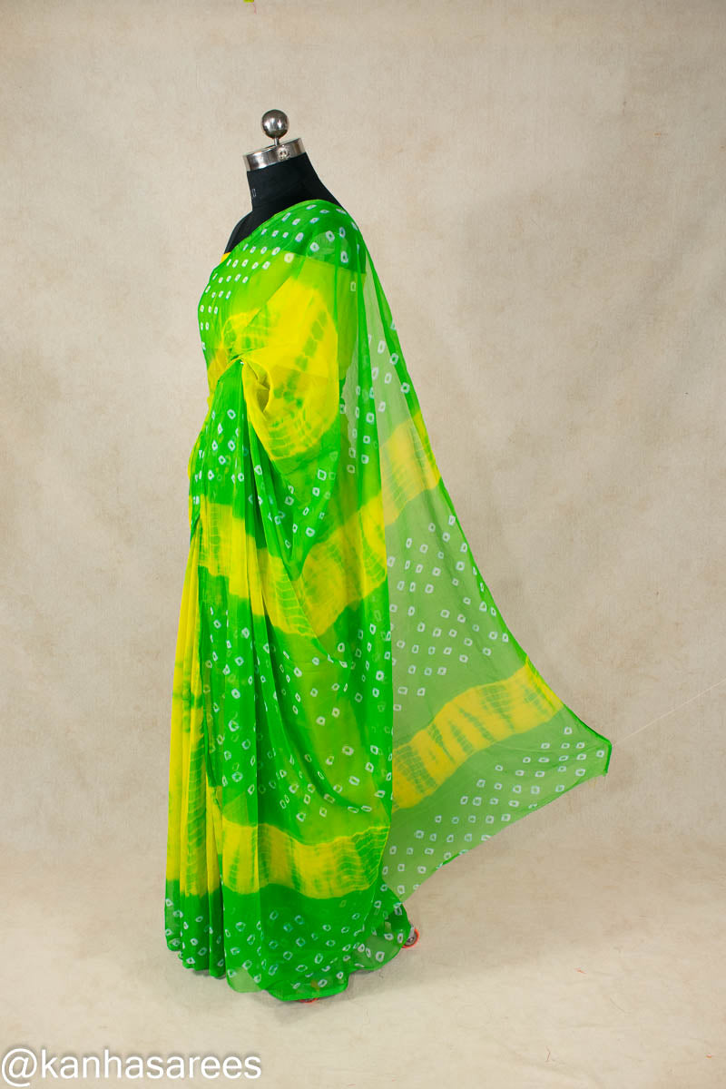 Shibori dye Chiffon bandhani saree in green colour - KANHASAREE