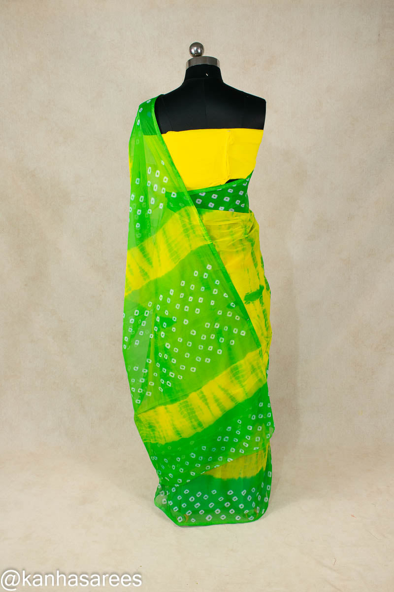 Shibori dye Chiffon bandhani saree in green colour - KANHASAREE