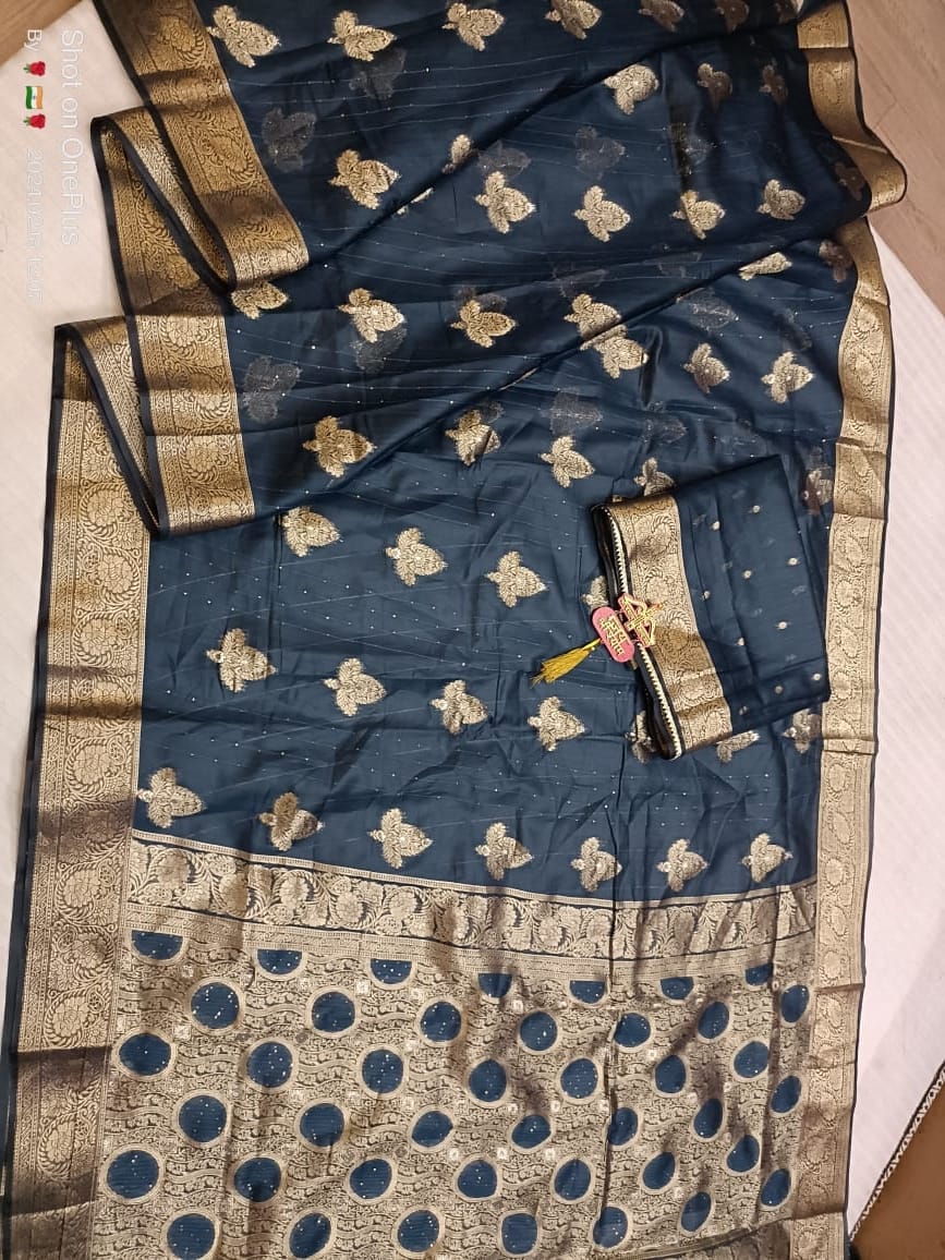 Chit Pallu Tissue Georgette Saree with Golden Zari Sequin Work - Latest Collection