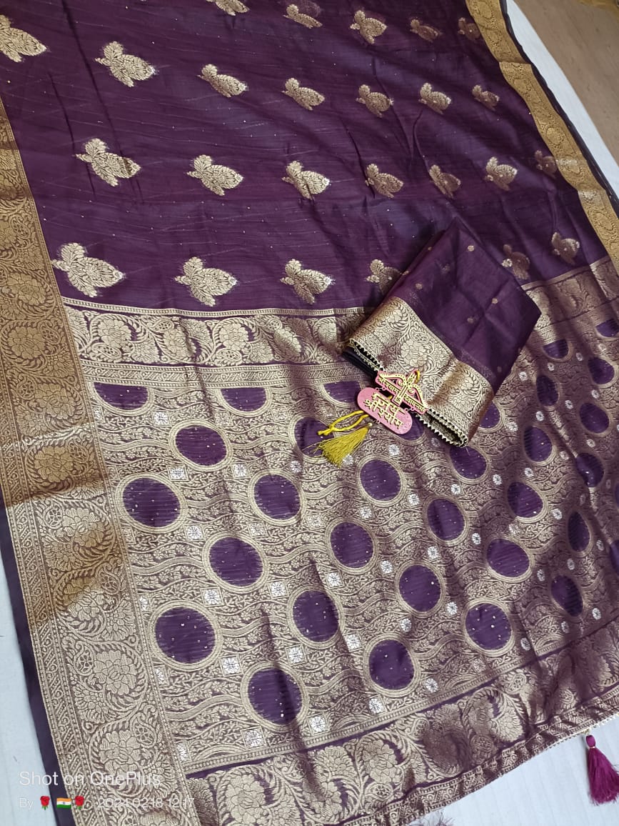 Chit Pallu Tissue Georgette Saree with Golden Zari Sequin Work - Latest Collection