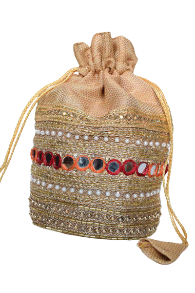 Beautiful Golden color Traditional Mirror and Zardozi Handwork Potli - KANHASAREE