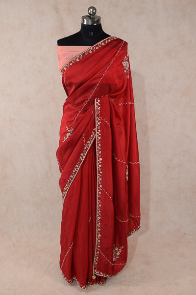 Red Crepe Silk Handwork Jaal Saree - KANHASAREE