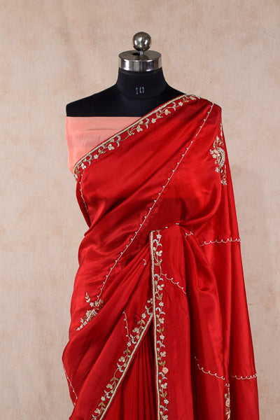 Red Crepe Silk Handwork Jaal Saree - KANHASAREE