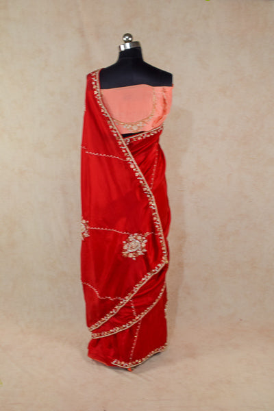 Red Crepe Silk Handwork Jaal Saree - KANHASAREE