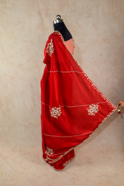 Red Crepe Silk Handwork Jaal Saree - KANHASAREE