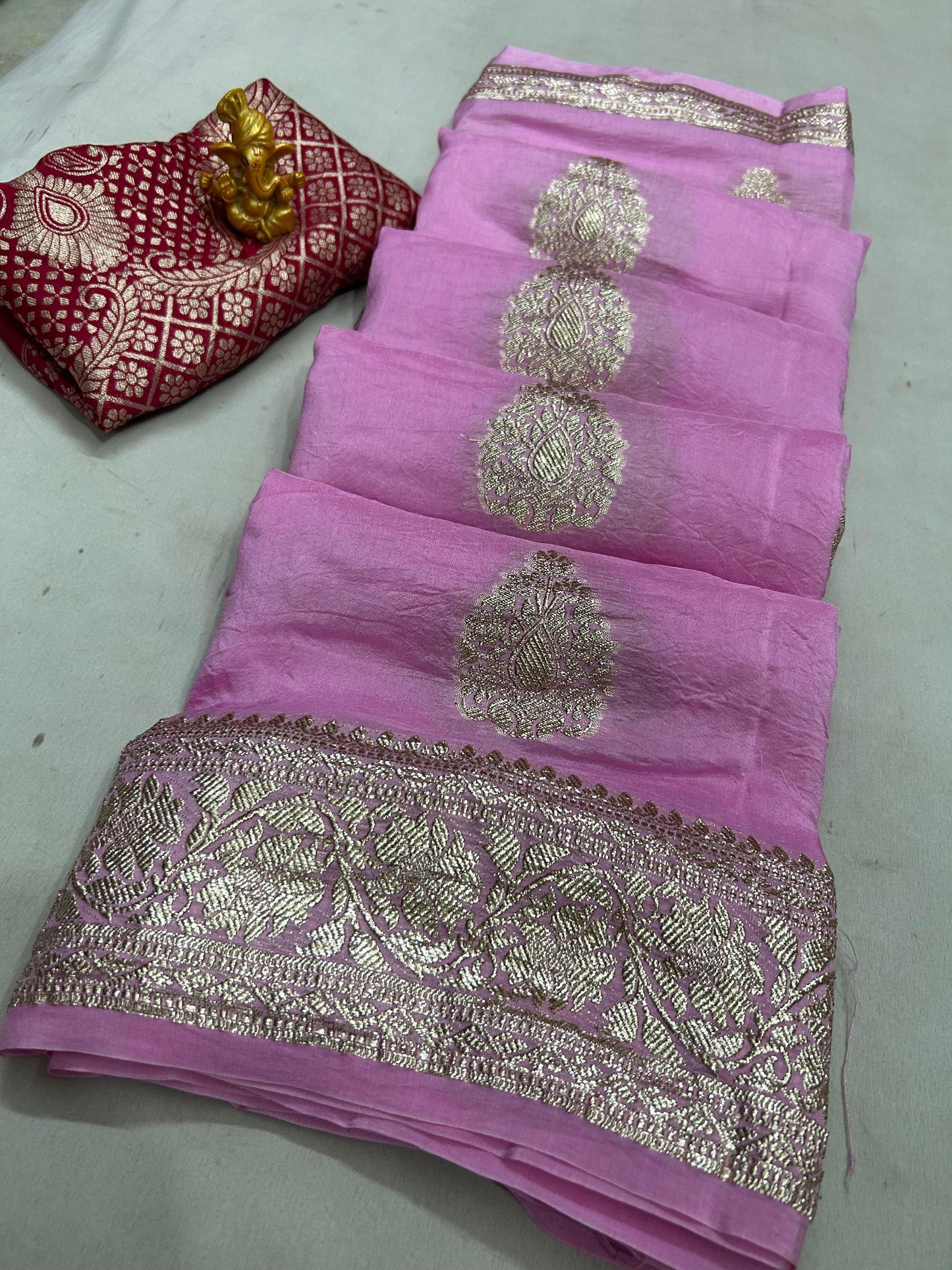 Pure Russian Dola Zari Saree with Heavy Zari Weaving & Contrast Zari Blouse - Jaipuri Design