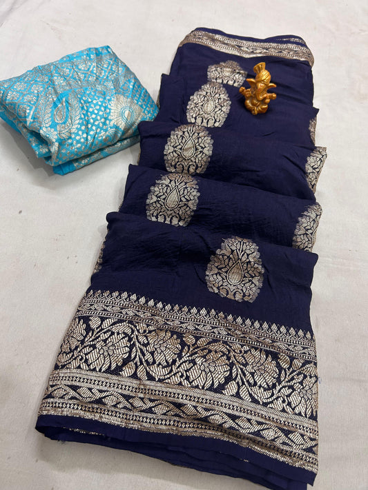 Pure Russian Dola Zari Saree with Heavy Zari Weaving & Contrast Zari Blouse - Jaipuri Design