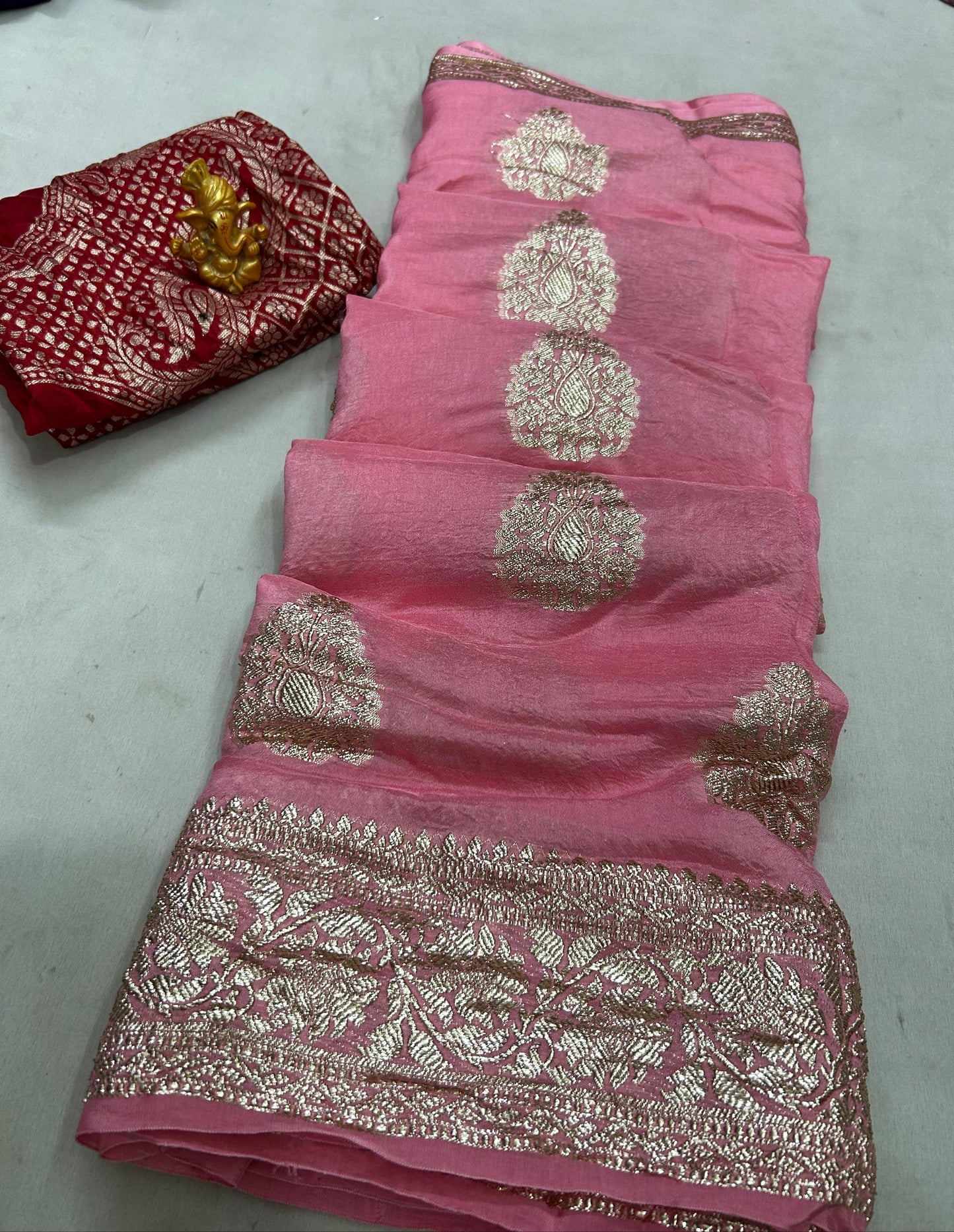 Pure Russian Dola Zari Saree with Heavy Zari Weaving & Contrast Zari Blouse - Jaipuri Design