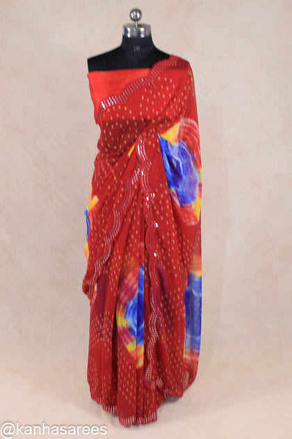 Red shibori saree with foil mirror work border - KANHASAREE