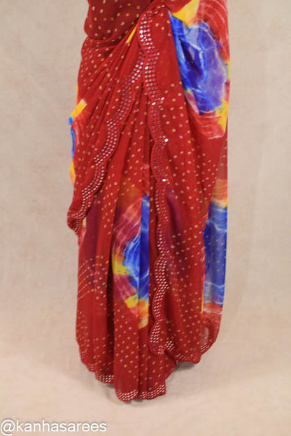 Red shibori saree with foil mirror work border - KANHASAREE