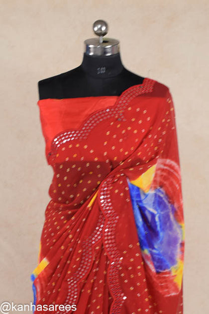 Red shibori saree with foil mirror work border - KANHASAREE