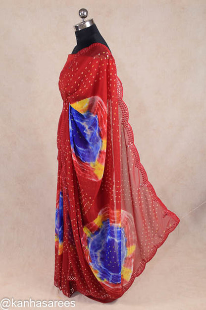 Red shibori saree with foil mirror work border - KANHASAREE