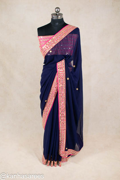 Georgette Mirror Work border Saree - KANHASAREE