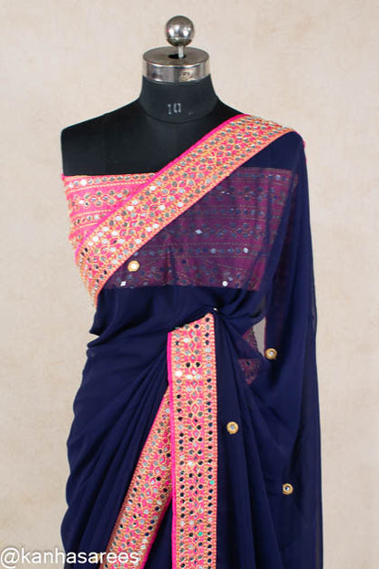 Georgette Mirror Work border Saree - KANHASAREE