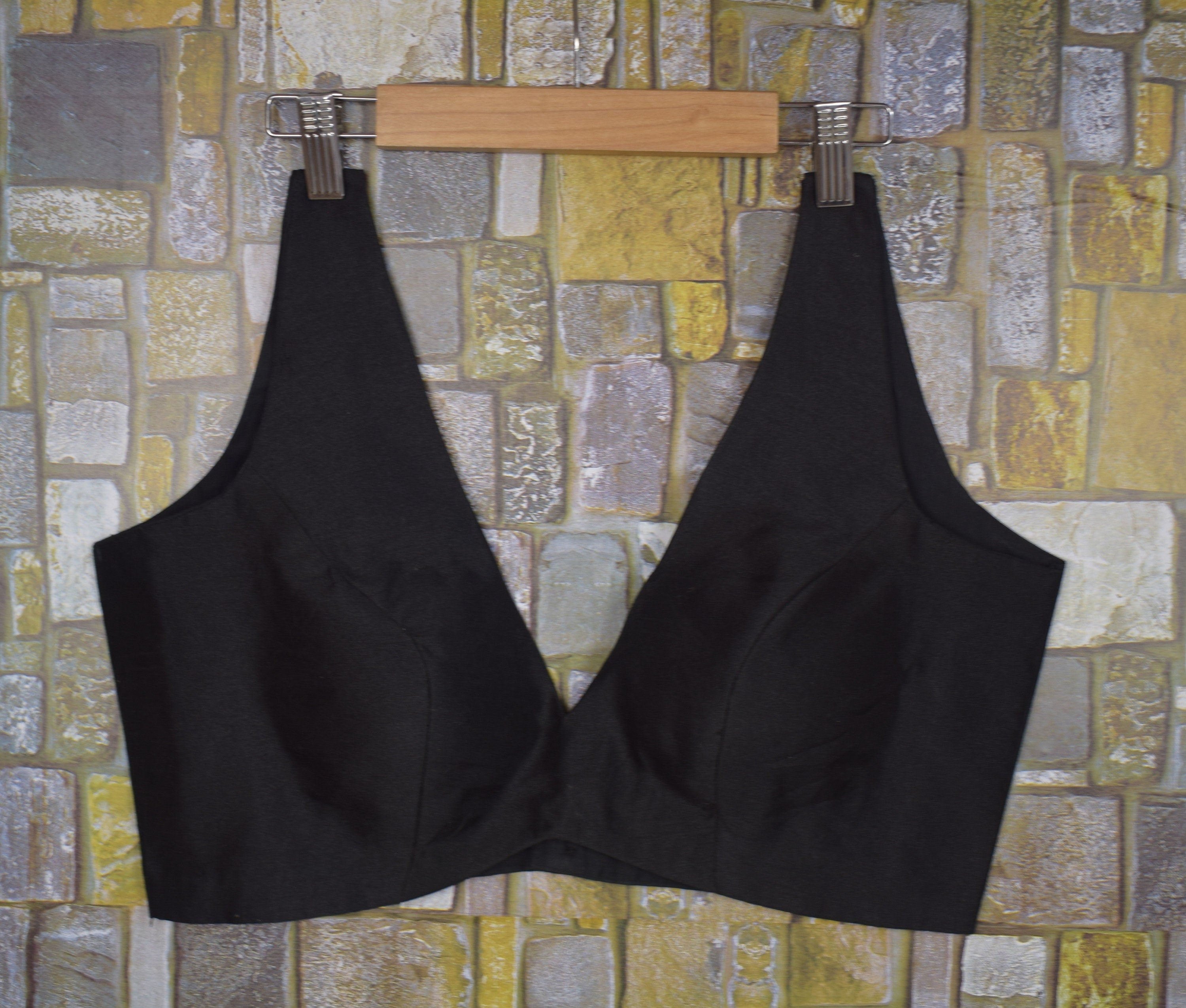 V-Neck Raw silk Blouse Black Back Open Short Choli Sleeveless Crop