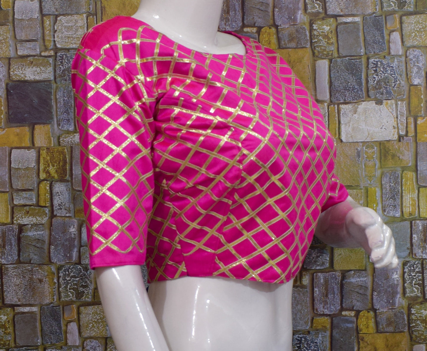 Heavy Saree Blouse with Gota Work - Pink &amp; Green Silk Crop Top | Made to Order Indian Ethnic Blouse