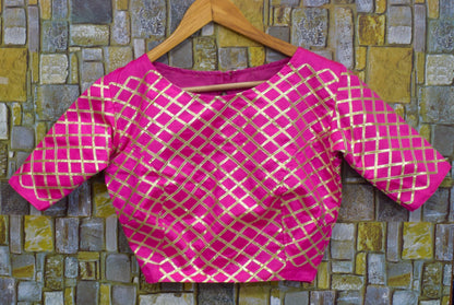 Heavy Saree Blouse with Gota Work - Pink &amp; Green Silk Crop Top | Made to Order Indian Ethnic Blouse