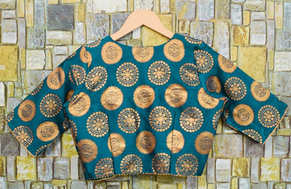 Designer Peacock Blue Brocade Choli Blouse, Lace V-Neck, Custom Made &amp; Padded Party Wear Top - Perfect Fit