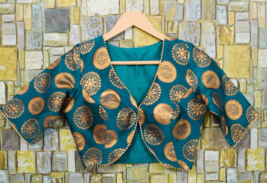 Designer Peacock Blue Brocade Choli Blouse, Lace V-Neck, Custom Made &amp; Padded Party Wear Top - Perfect Fit