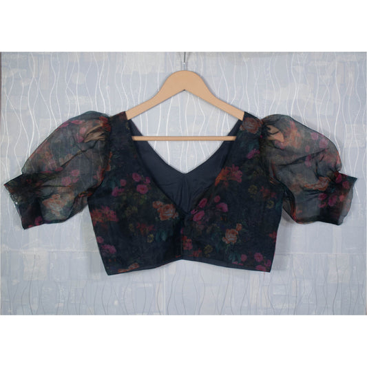 Custom Organza Saree Blouse Flower Print  Puff Sleeves Blouse V Neck sari top Back Open blouse Made to Order - Kanhasarees by ksds