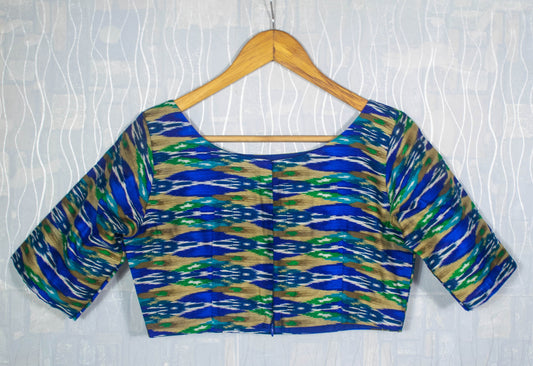 Handcrafted Patola Silk Boat Neck Blouse with Back Open Chain Enclosure - Padded, Customizable Sleeves - Fusion Style Bollywood Inspired - Kanhasarees by ksds