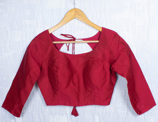 Cherry Red Dhupion Silk Padded Blouse - 3/4 Sleeves, Back Open, Round Neck, Dori &amp; Tassels, Designer Saree Top