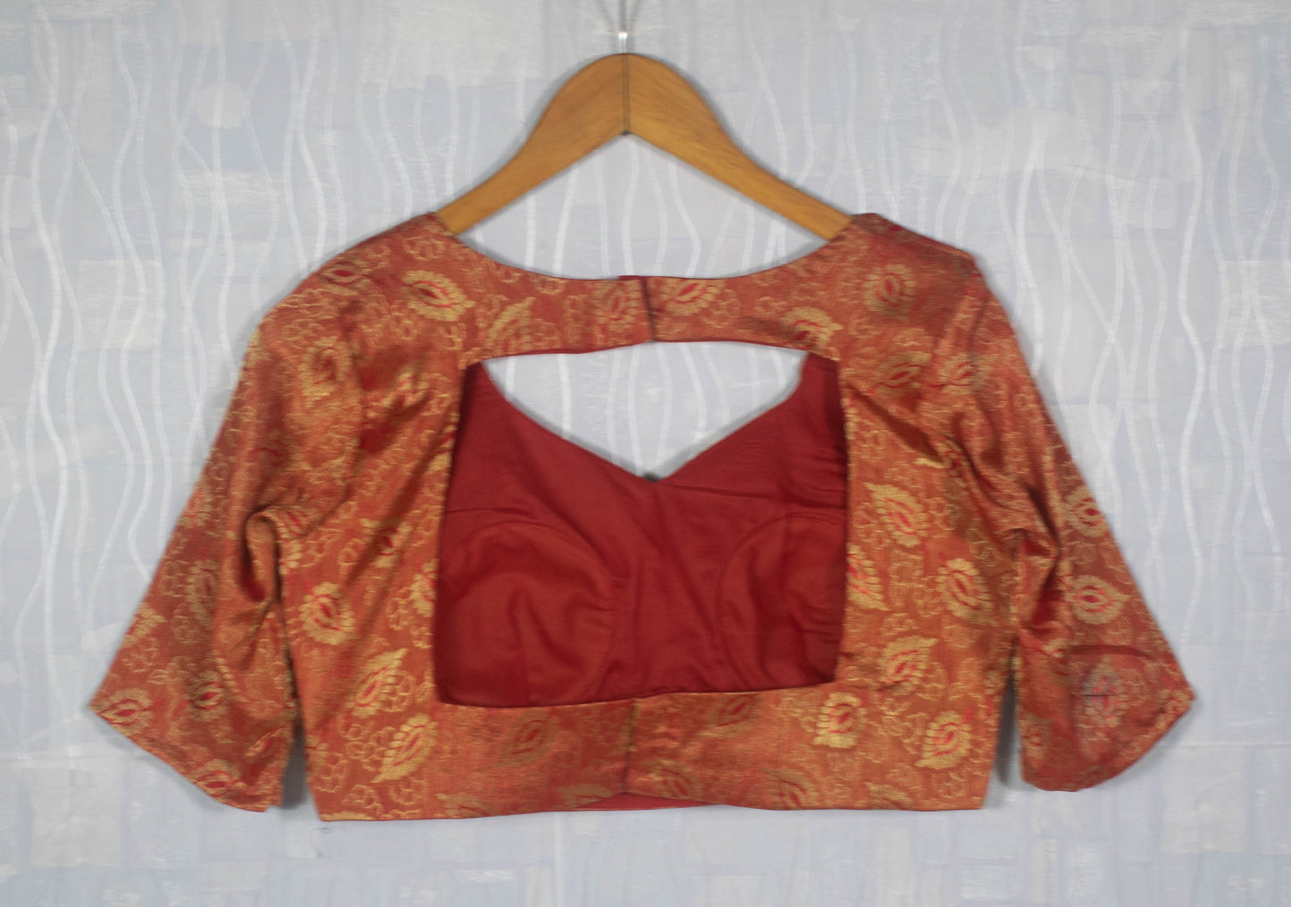 Red Gold Silk Saree Blouse - Sweetheart Neck, Elbow Sleeve, Padded, Designer Custom Order, Back Open, Ready Made