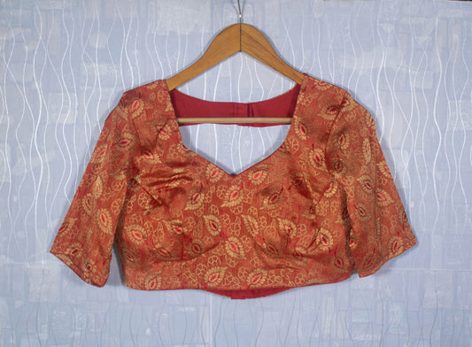 Red Gold Silk Saree Blouse - Sweetheart Neck, Elbow Sleeve, Padded, Designer Custom Order, Back Open, Ready Made