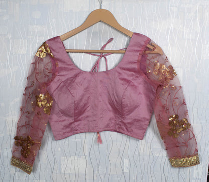 Raw Silk Round Neck Blouse, Back Open, Padded with Dori &amp; Tassels, Full-Length Sequin Net Sleeves, Gold Lace Trim