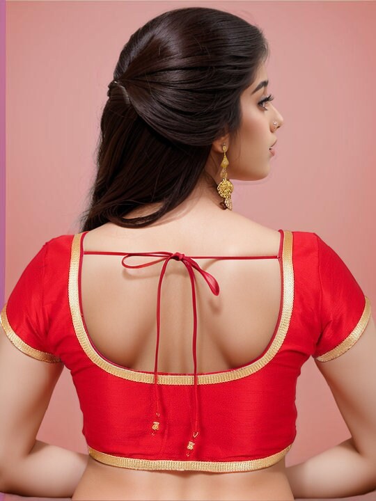 Dhupion silk blouse saree top short sleeves front open blouse round neck dori and tussels padded readymade designer blouse red colour