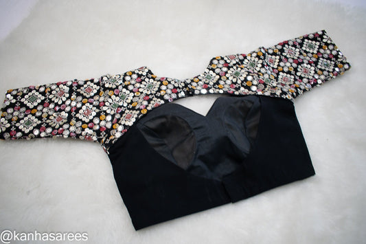 Black Mirror Work Saree Blouse, Half Sleeve, Back Open, Customizable, Ideal for Indian Weddings, Ethnic Functions - Kanhasarees by ksds