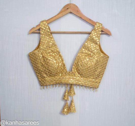 Made To Order Gold Saree Blouse - Elegant Sequin Golden Custom Crop Top Sleeveless Lehenga Choli with Deep Plunge Neckline